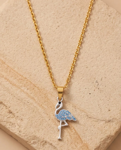 Silver Blue Crystal Paved Flamingo Pendant Necklace