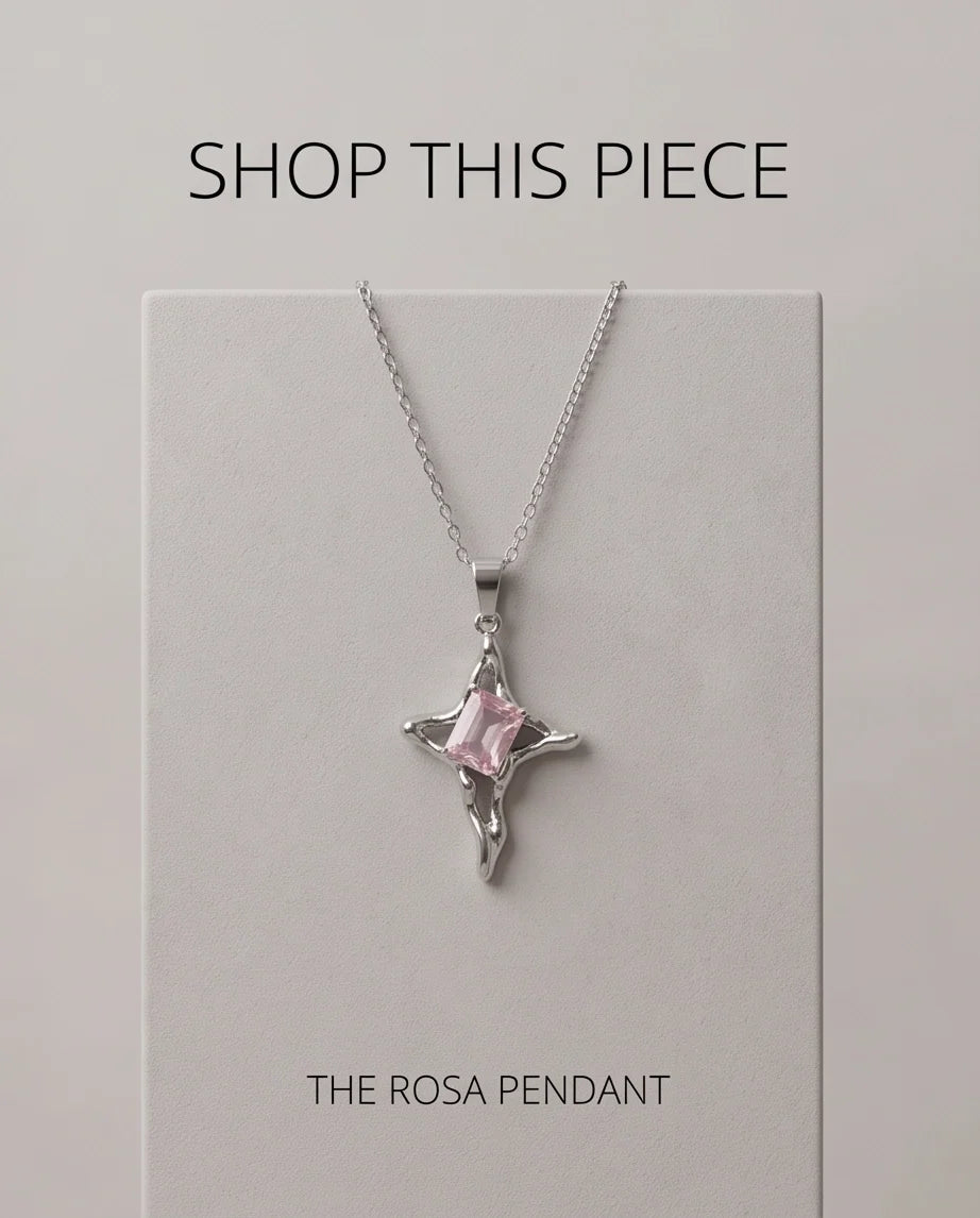 Silver Pink Gemstone Gothic Cross Pendant Necklace