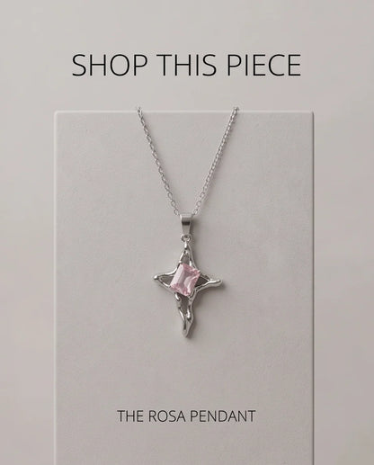 Silver Pink Gemstone Gothic Cross Pendant Necklace