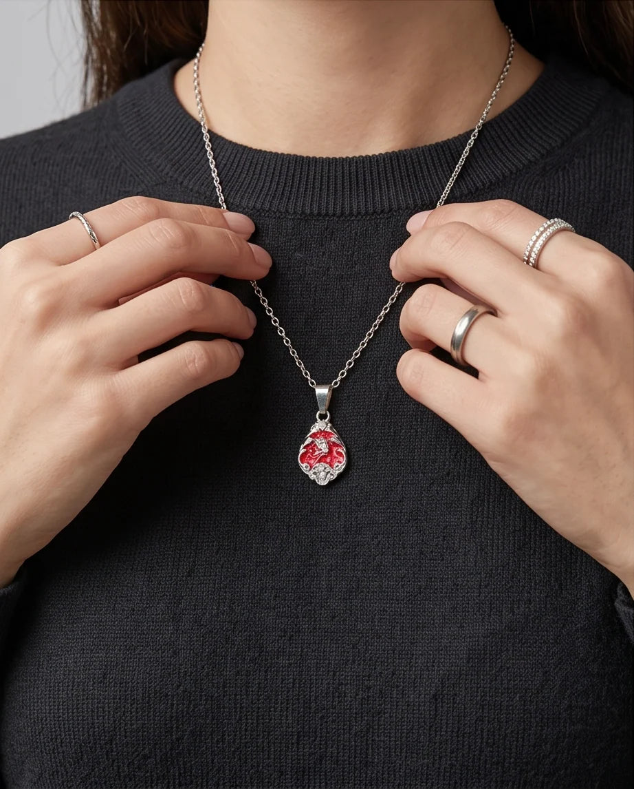 Silver Vintage Cherub Red Enamel Teardrop Pendant Necklace