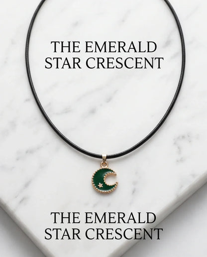 Gold and Green Crescent Moon and Star Necklace