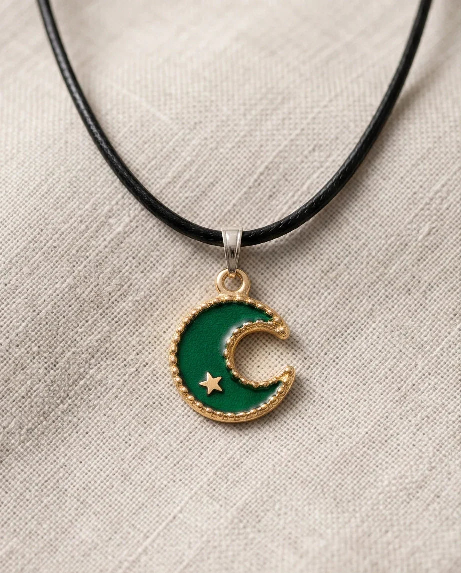 Gold and Green Crescent Moon and Star Necklace