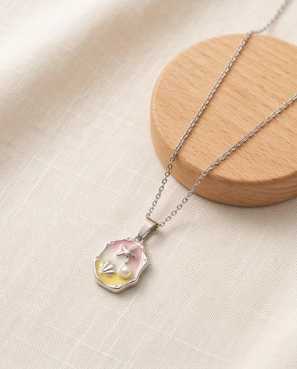 Silver Seashell Starfish Pearl Enamel Medallion Chain Necklace