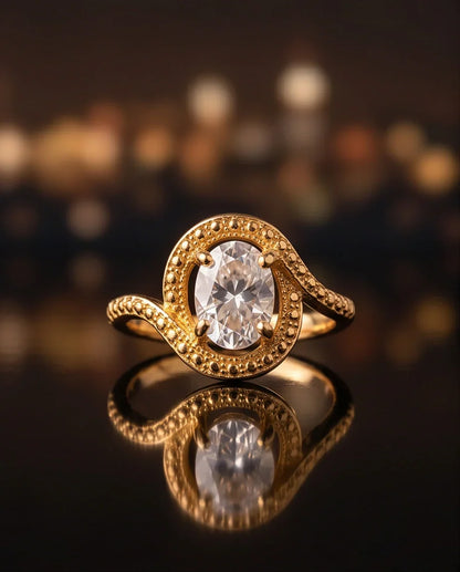 Luxury Gold Oval Moissanite Swirl Beaded Ring