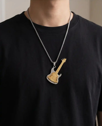 Two-Tone Electric Guitar Pendant Silver Box Chain Necklace