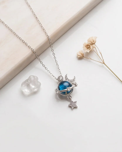 Silver Cosmic Planet Crescent Moon & Star Dangle Pendant Necklace
