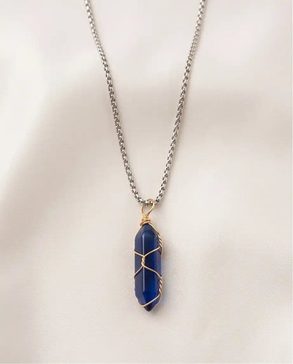 Wire-Wrapped Deep Blue Crystal Point Pendant Box Chain