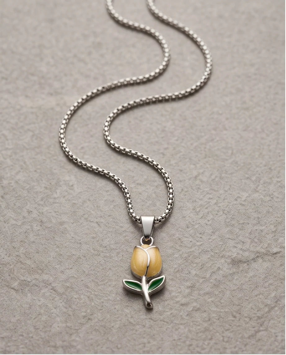 Silver Yellow Enamel Tulip Pendant Necklace
