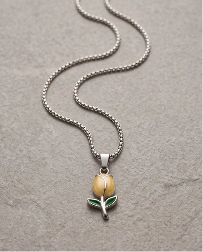Silver Yellow Enamel Tulip Pendant Necklace