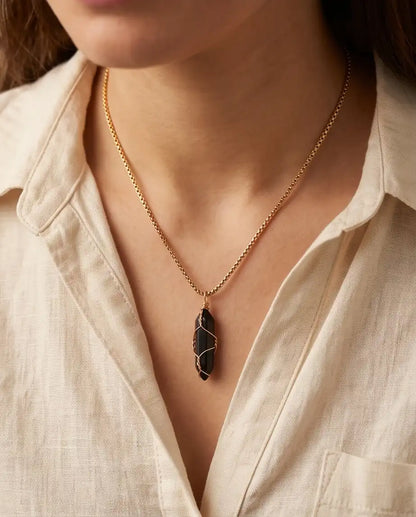 Wire-Wrapped Black Obsidian Crystal Point Pendant Box Chain