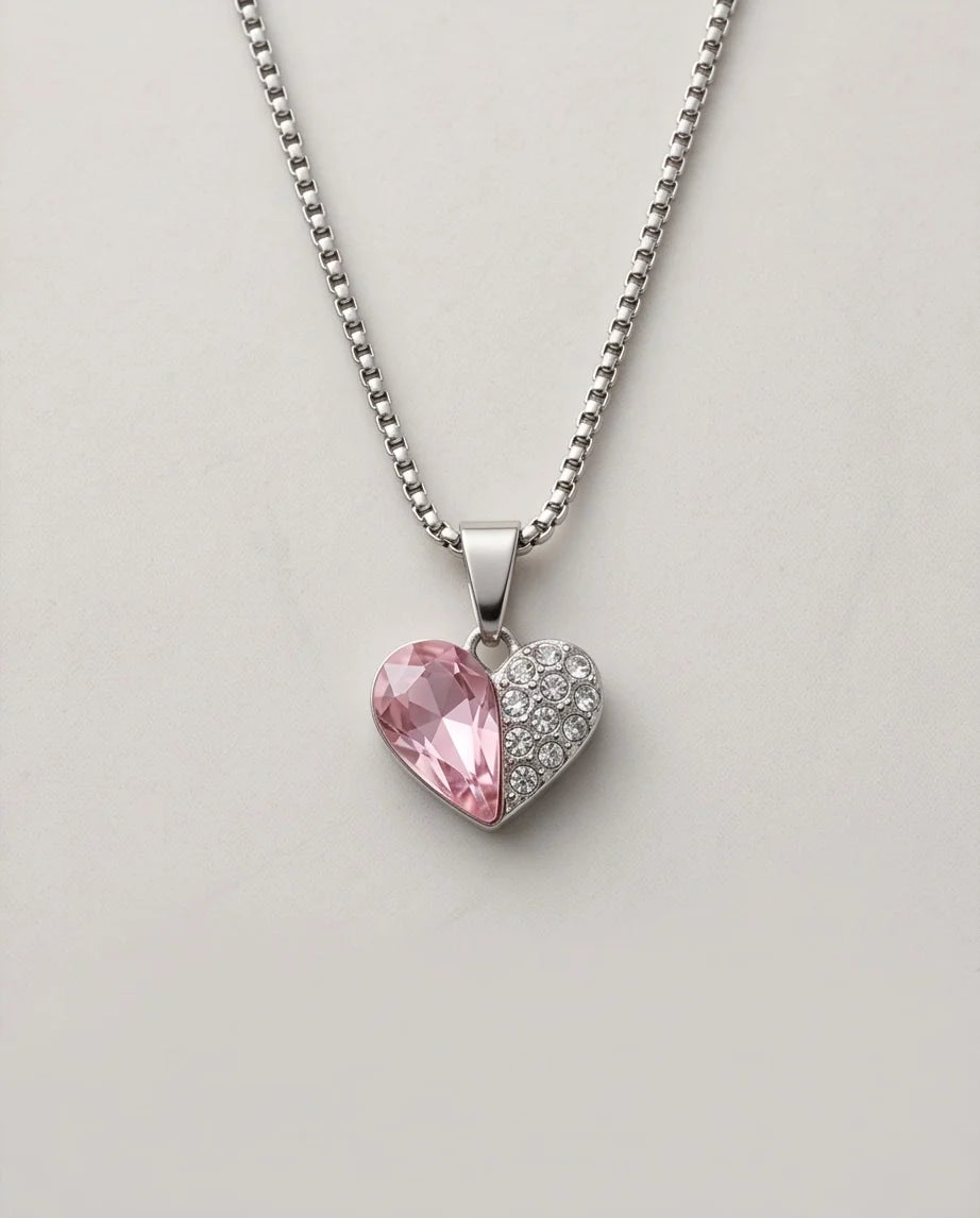 Silver Rose Pink Heart Pavé Pendant Necklace