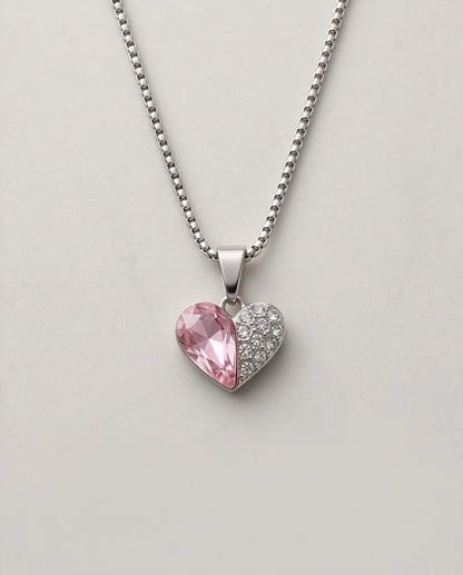 Silver Rose Pink Heart Pavé Pendant Necklace