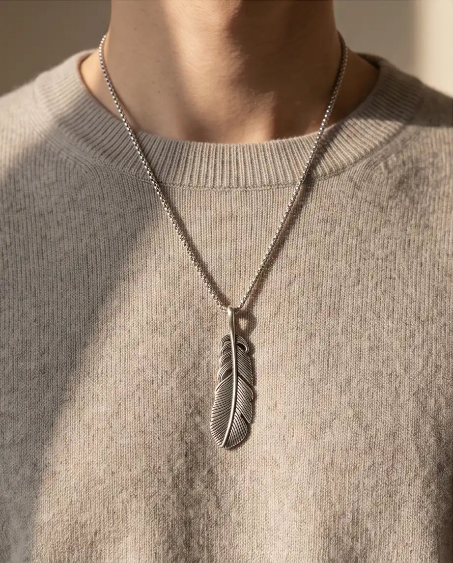 Antiqued Feather Blade Pendant Box Chain