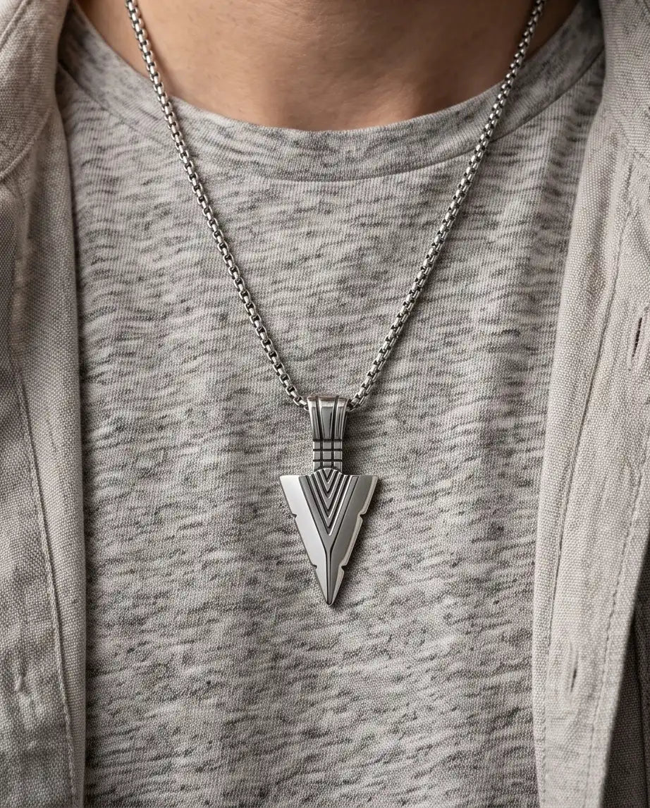 Geometric Arrowhead Pendant Silver Box Chain Necklace