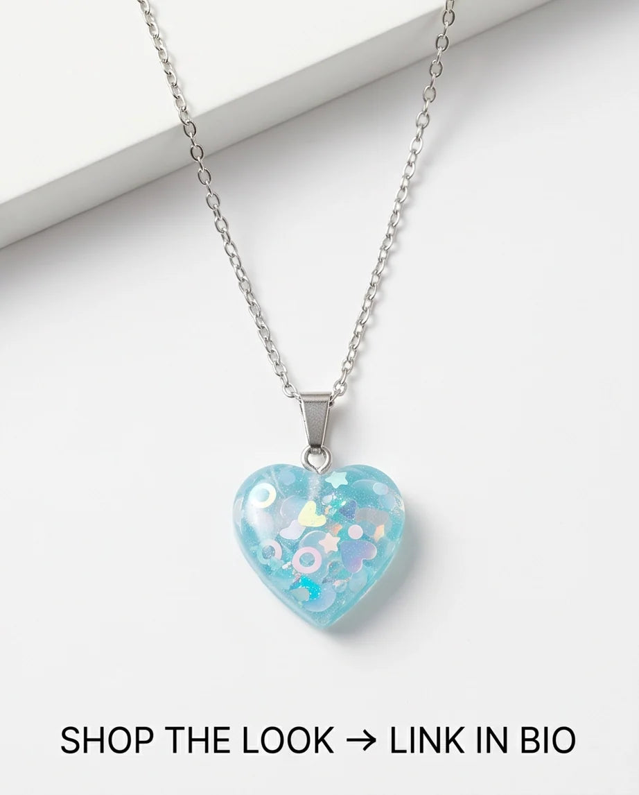 Silver Light Blue Glitter Heart Resin Pendant Necklace
