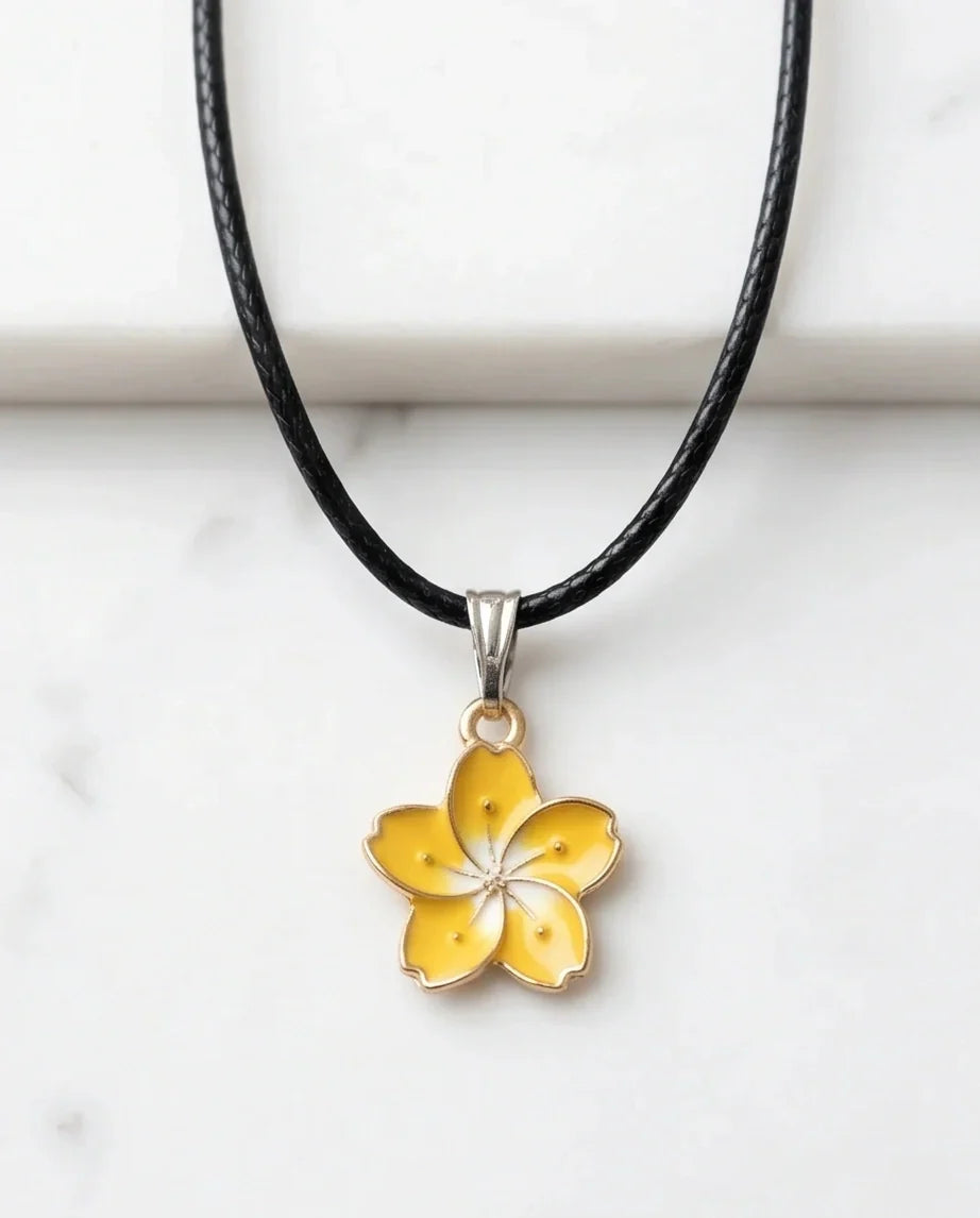 Mellow Yellow Cherry Blossom Enamel Pendant Necklace