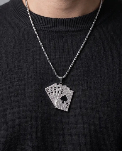 Iced Royal Flush Playing Cards Pendant Silver Box Chain Necklace