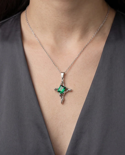 Silver Emerald Gemstone Gothic Cross Pendant Necklace
