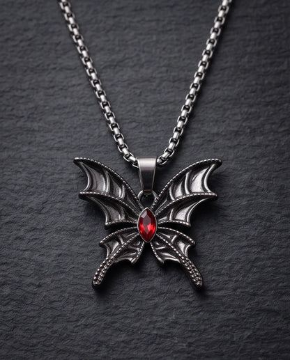 Black Bat-Wing Butterfly Red Gem Pendant Necklace
