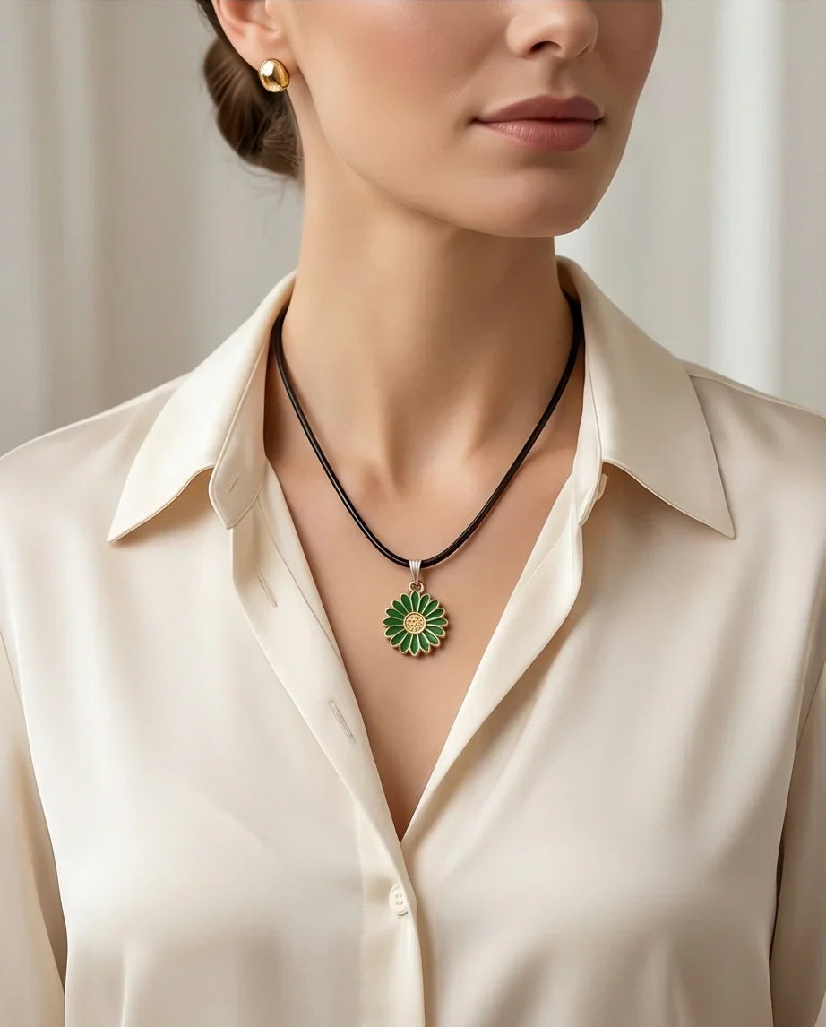 Gold and Green Daisy Pendant Necklace