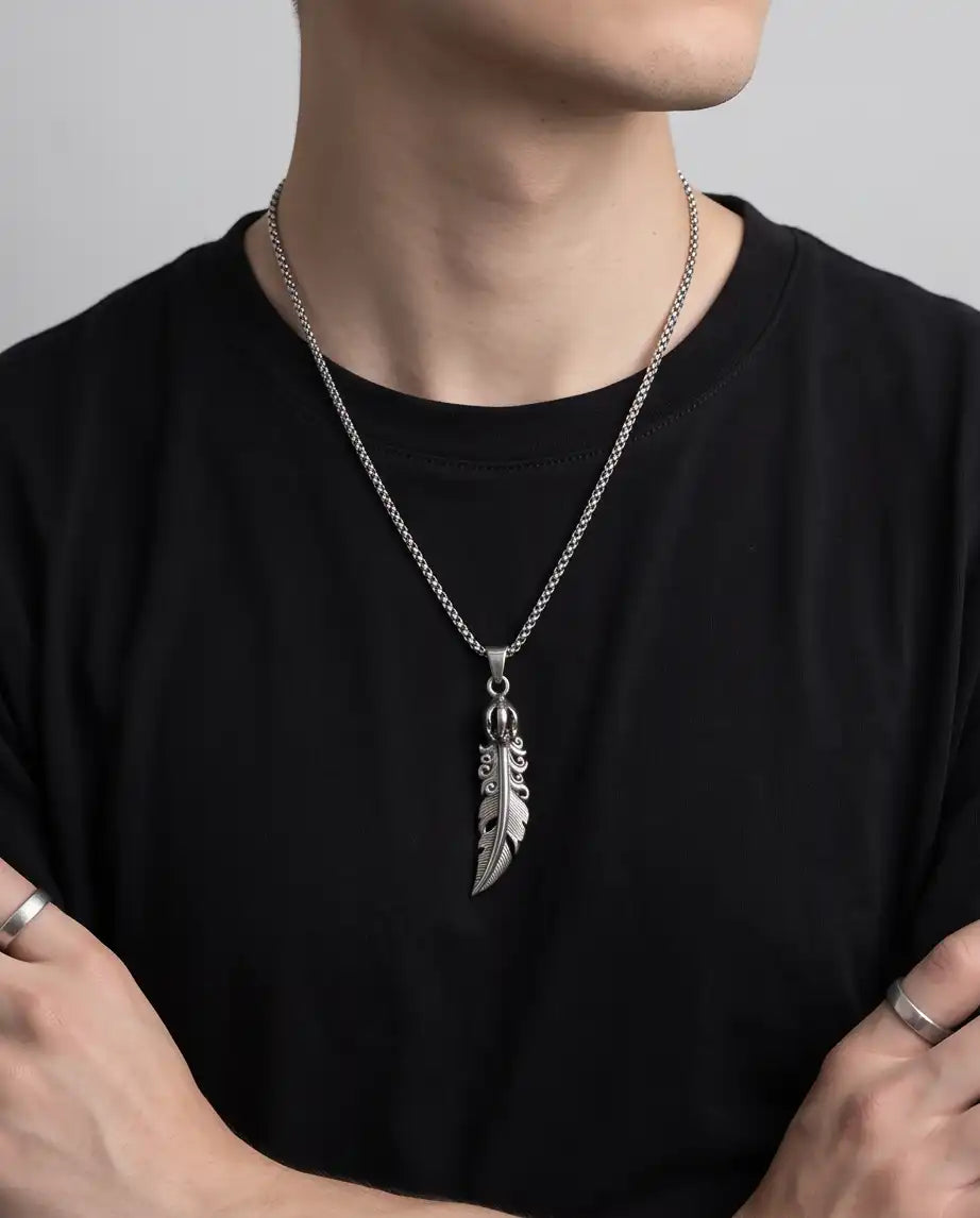 Gothic Filigree Feather Pendant Silver Box Chain Necklace