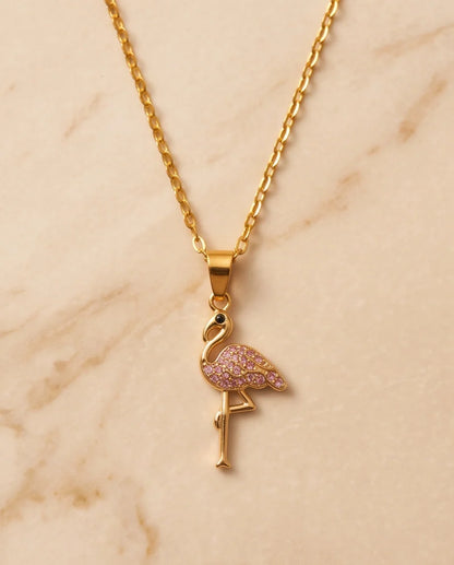 Gold Pink Crystal Paved Flamingo Pendant Necklace