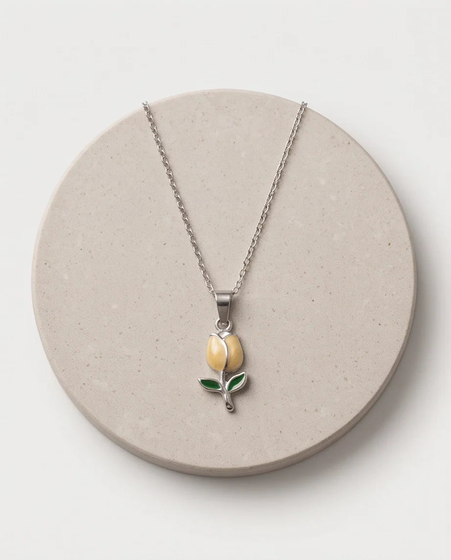 Silver Yellow Enamel Tulip Pendant Necklace