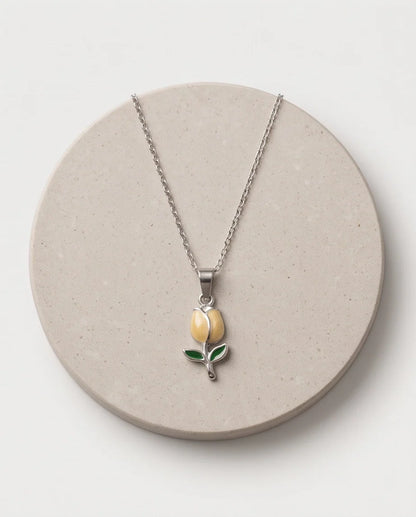 Silver Yellow Enamel Tulip Pendant Necklace