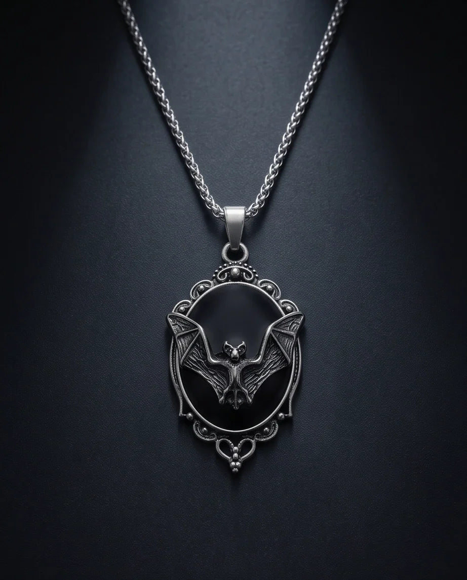 Antique Silver Gothic Bat Black Enamel Medallion Chain Necklace