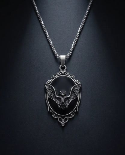 Antique Silver Gothic Bat Black Enamel Medallion Chain Necklace