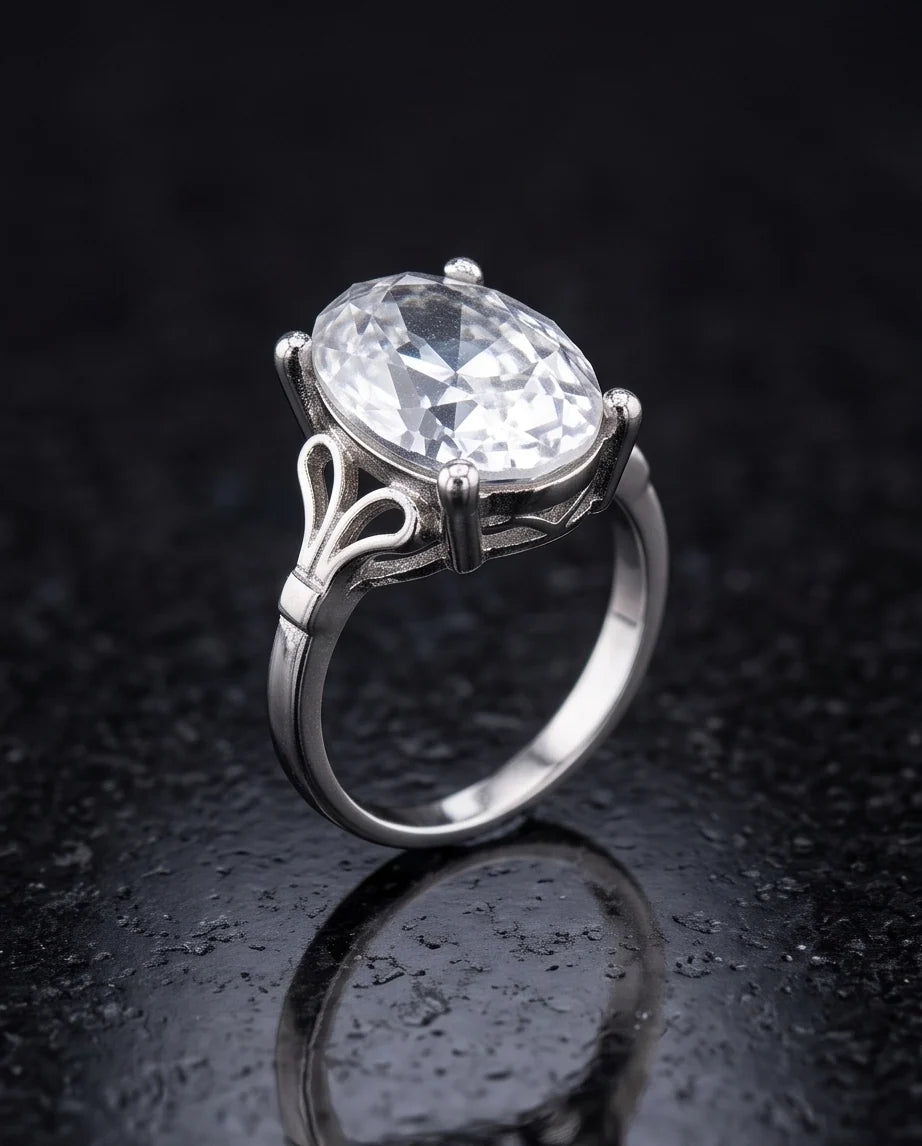 Silver Oval Clear Quartz Vintage Solitaire Ring