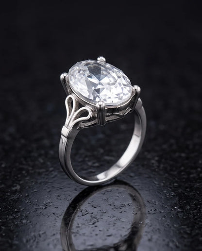 Silver Oval Clear Quartz Vintage Solitaire Ring