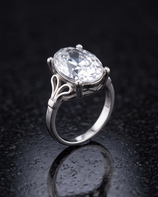 Silver Oval Clear Quartz Vintage Solitaire Ring