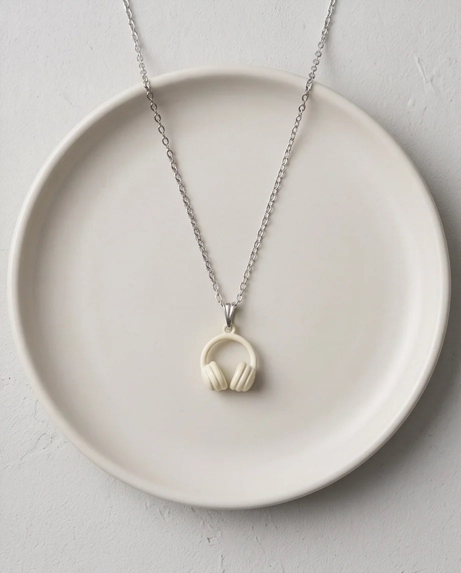 Cream White Headphones Enamel Pendant Necklace