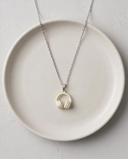 Cream White Headphones Enamel Pendant Necklace
