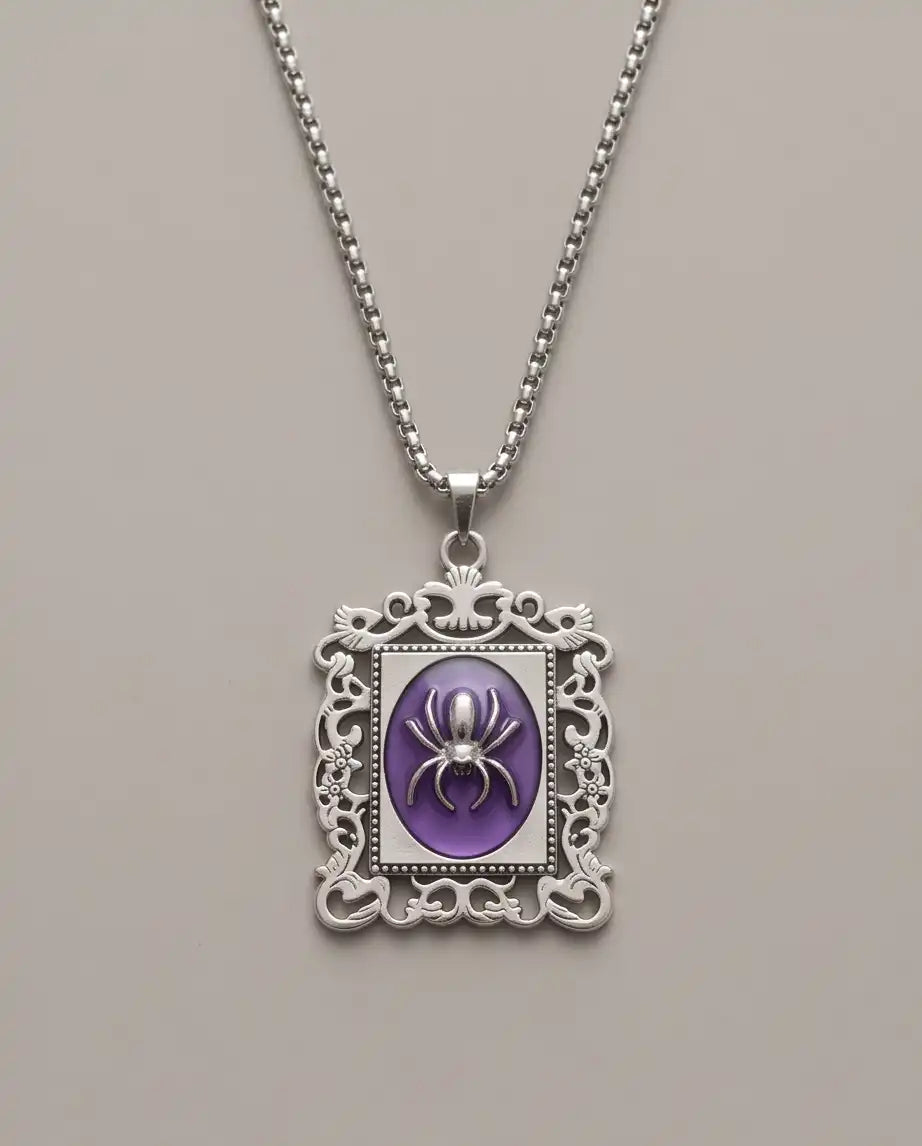Gothic Purple Enamel Spider Filigree Pendant Box Chain