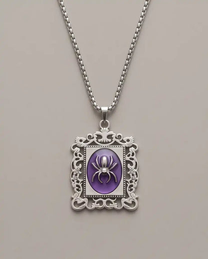 Gothic Purple Enamel Spider Filigree Pendant Box Chain