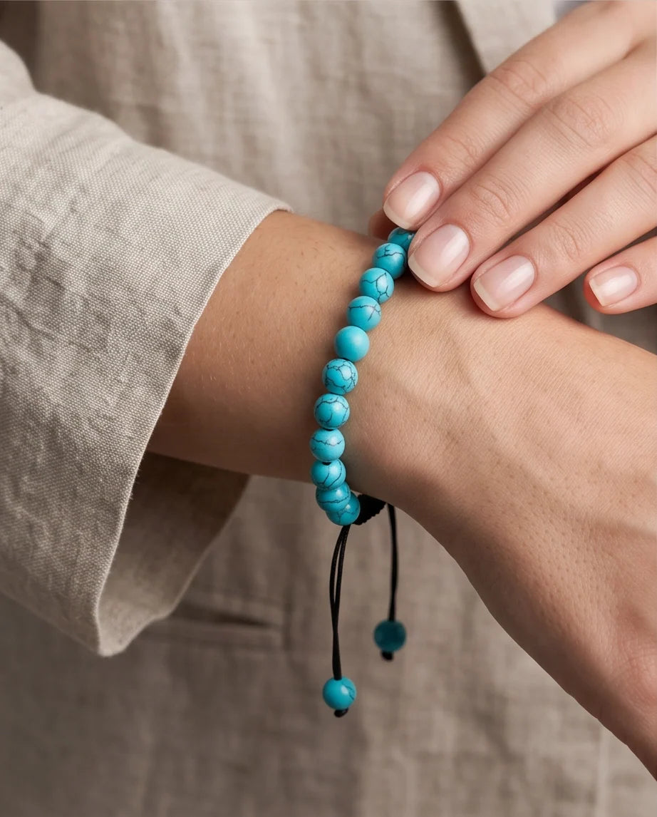 Natural Turquoise Veined Stone Beaded Adjustable Macrame Bracelet