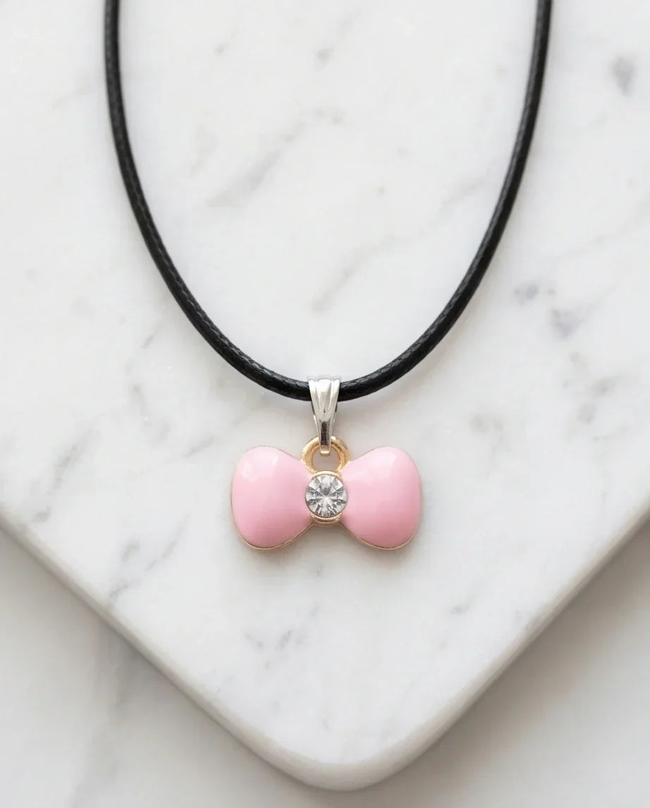 Charming Pink Bowknot Enamel Pendant Necklace with Crystal Center