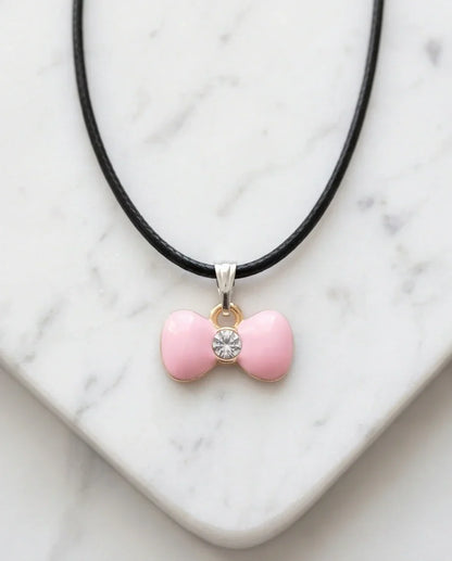 Charming Pink Bowknot Enamel Pendant Necklace with Crystal Center