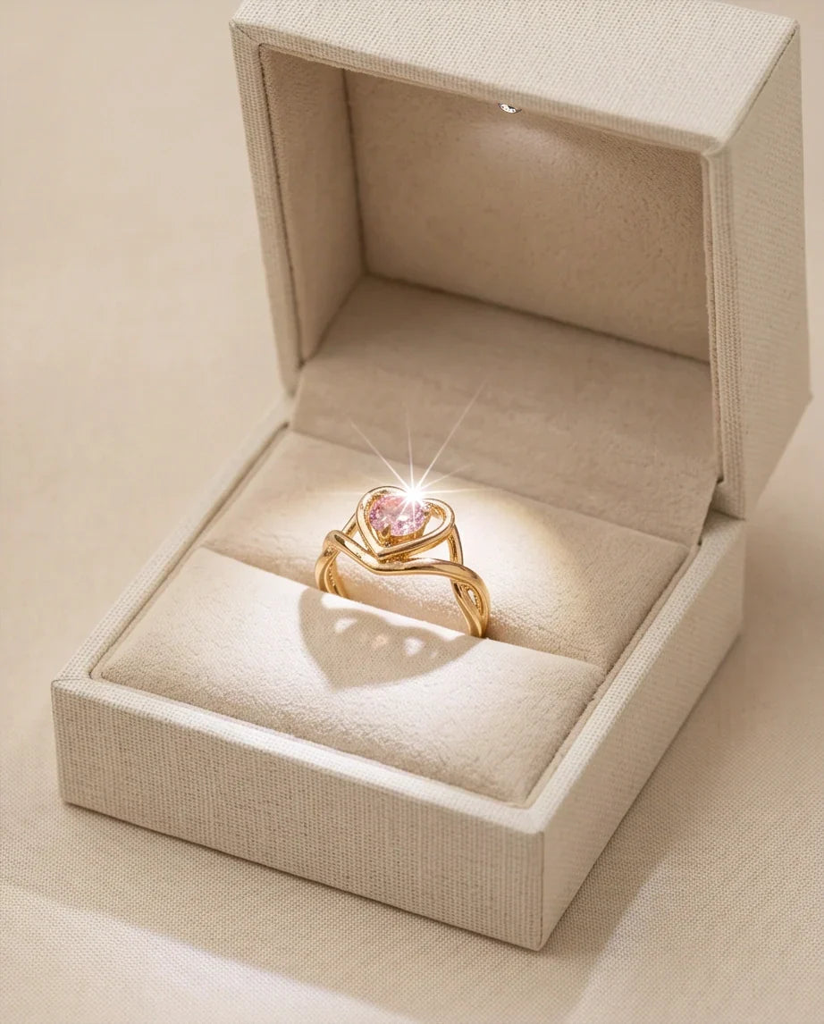 Gold Pink Tourmaline Heart Openwork Ring