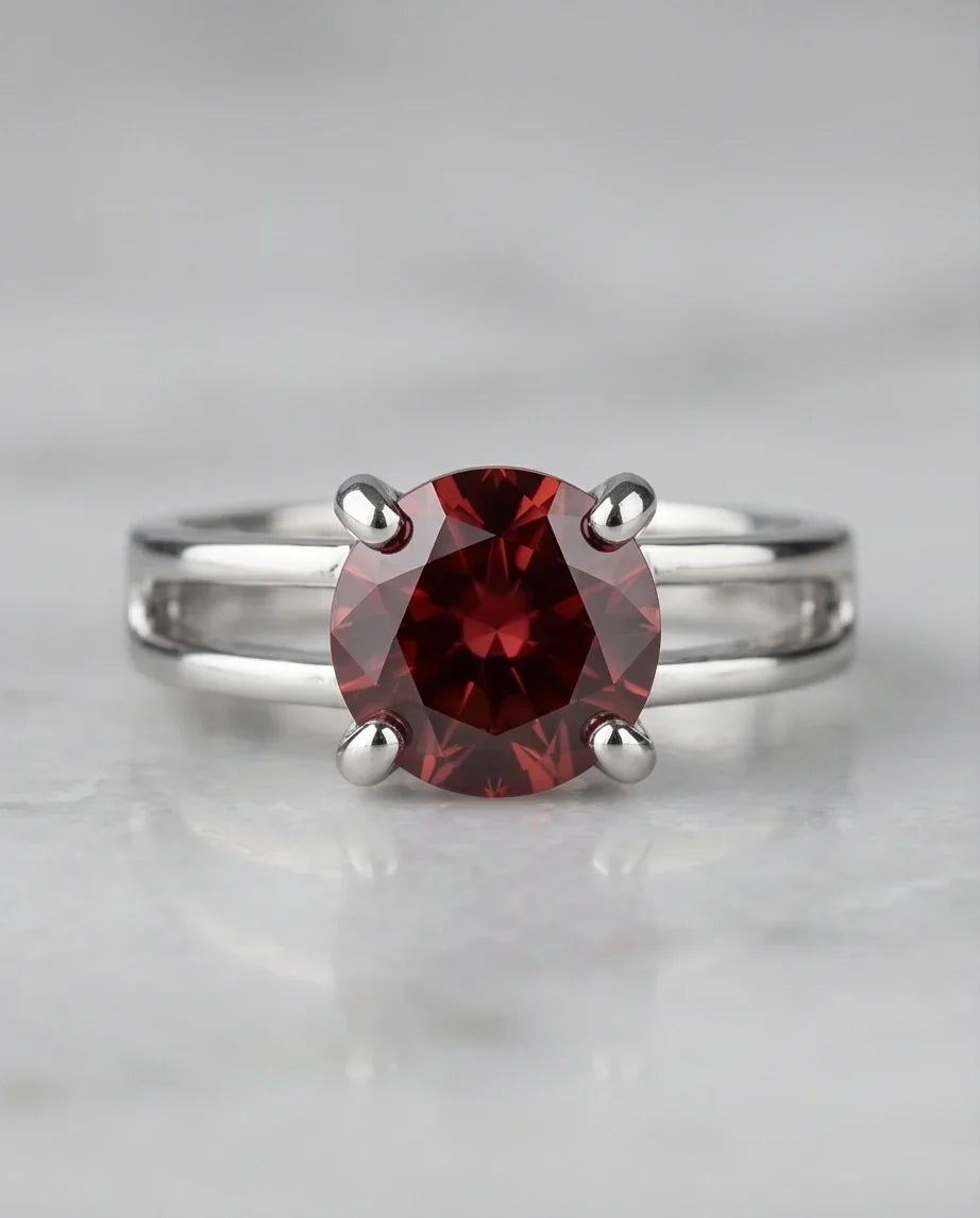 Sterling Silver Round-Cut Split Shank Garnet Red Solitaire Ring
