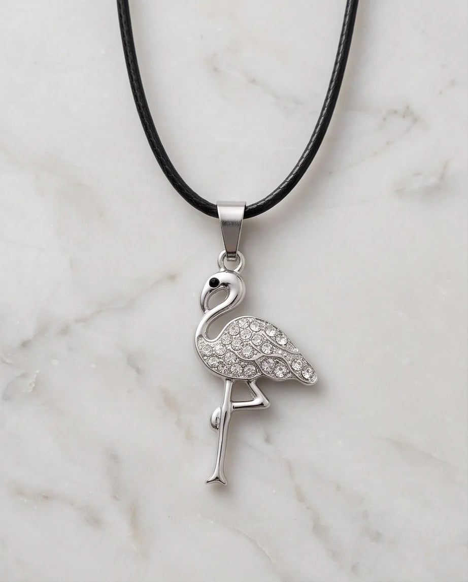 Silver Crystal Paved Flamingo Pendant Necklace