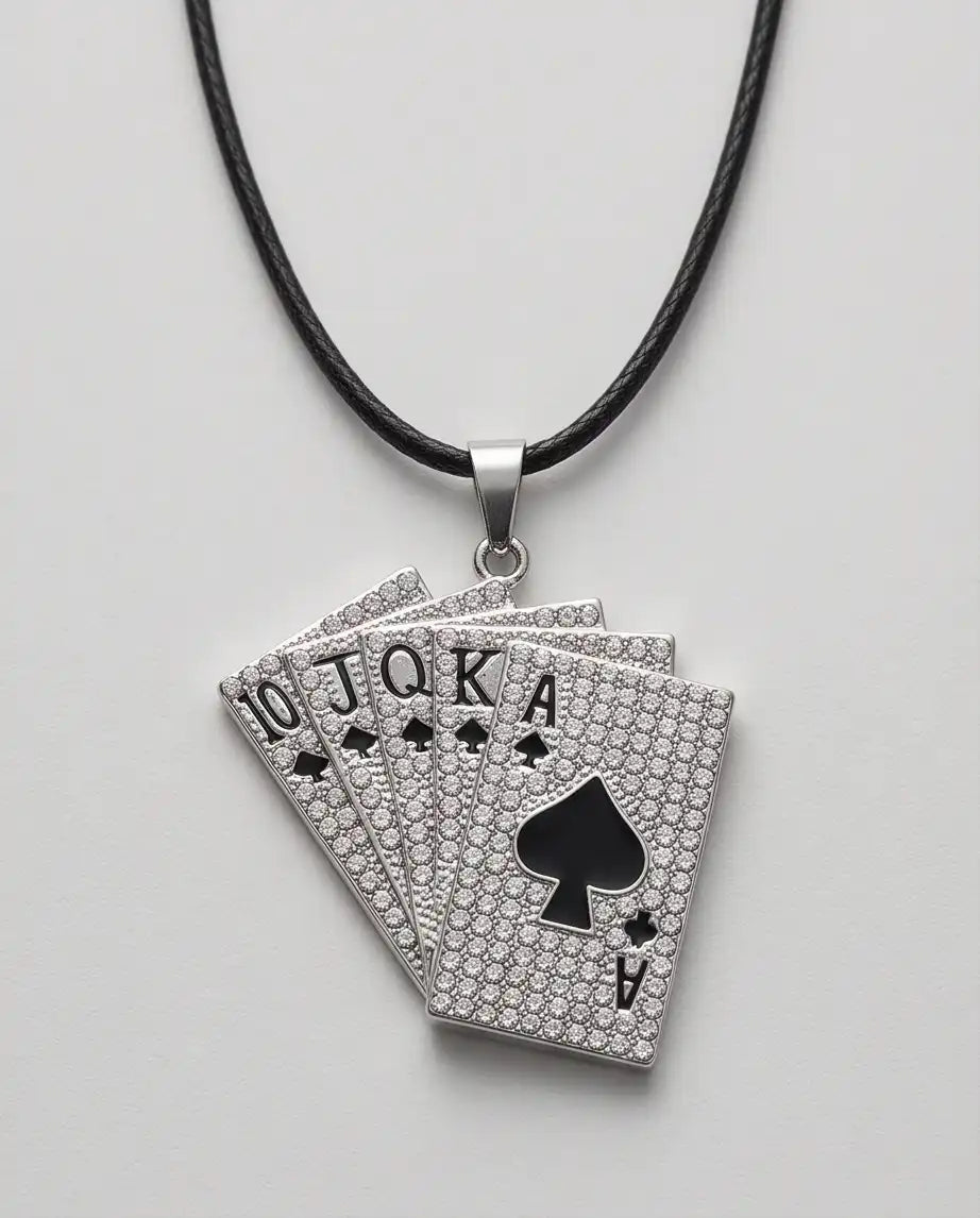 Iced Royal Flush Playing Cards Pendant Silver Box Chain Necklace