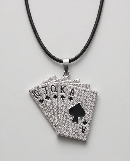 Iced Royal Flush Playing Cards Pendant Silver Box Chain Necklace