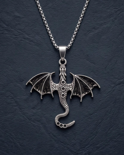Silver Oxidized Dragon Wyvern Pendant Necklace
