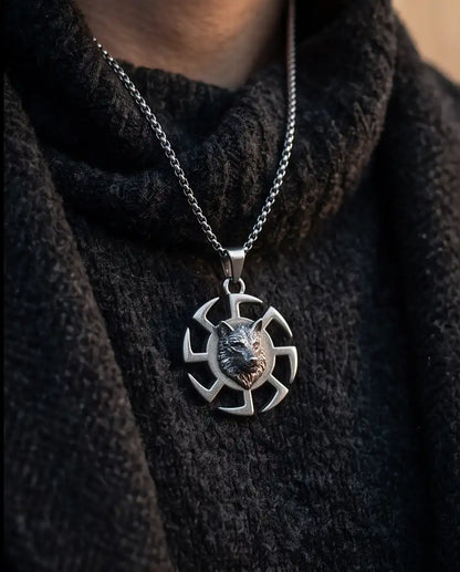 Black Sun Wolf Medallion Pendant Box Chain
