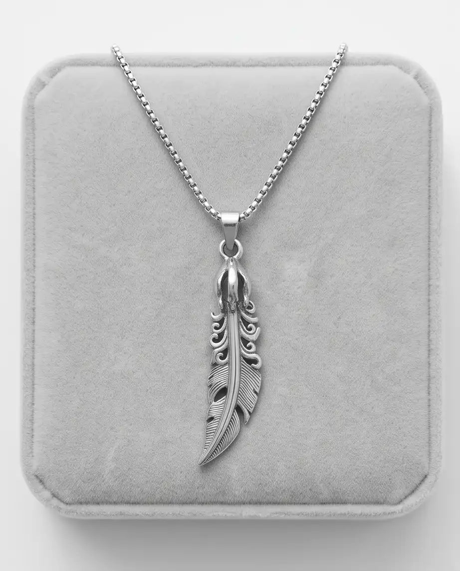 Gothic Filigree Feather Pendant Silver Box Chain Necklace