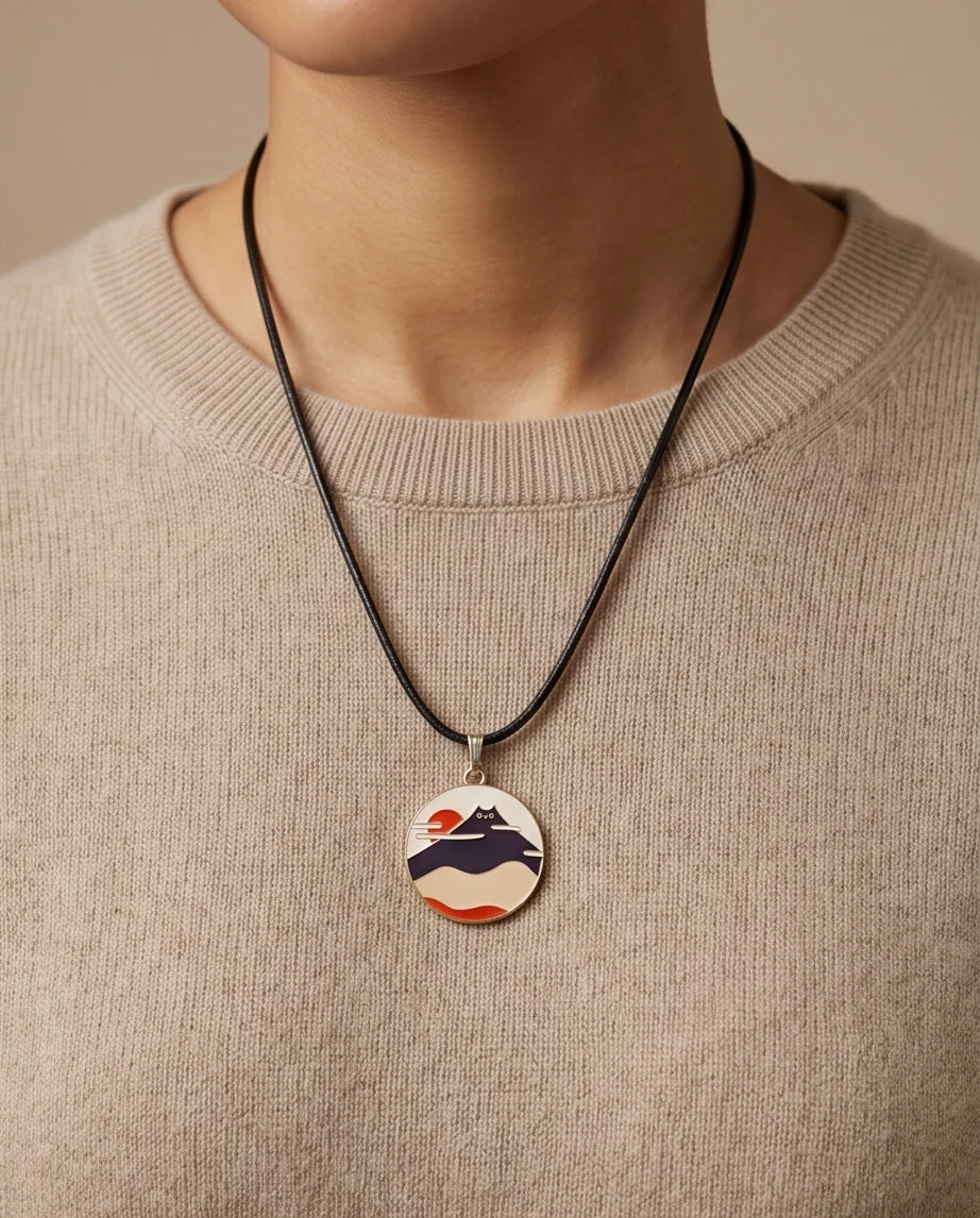 Japanese Mountain & Cat Enamel Pendant Necklace