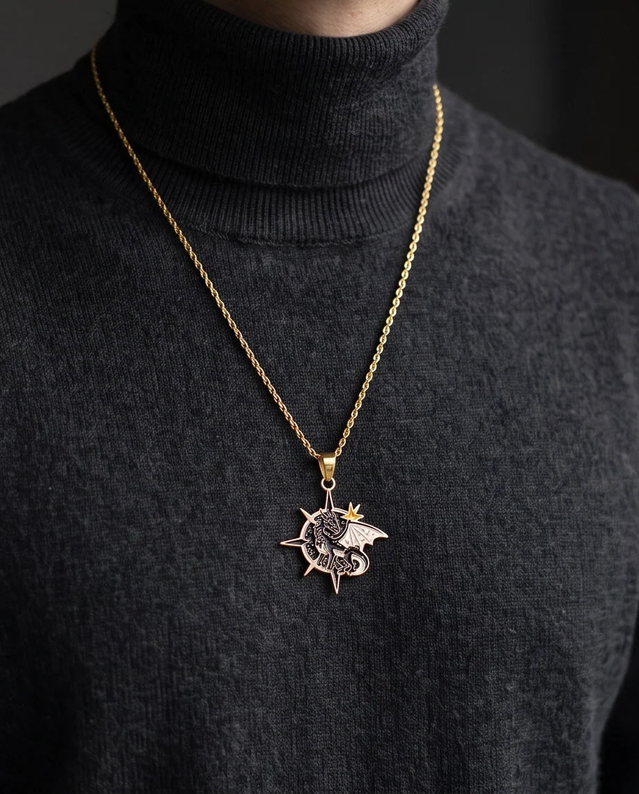 Gold Celestial Compass Dragon Black & White Enamel Pendant Necklace